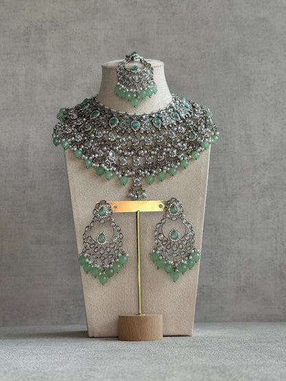 Ayura Designs Eknoor Set – Necklace, Tikka & Earrings with Pistachio Green Beads, Pearls and Silver Finish
