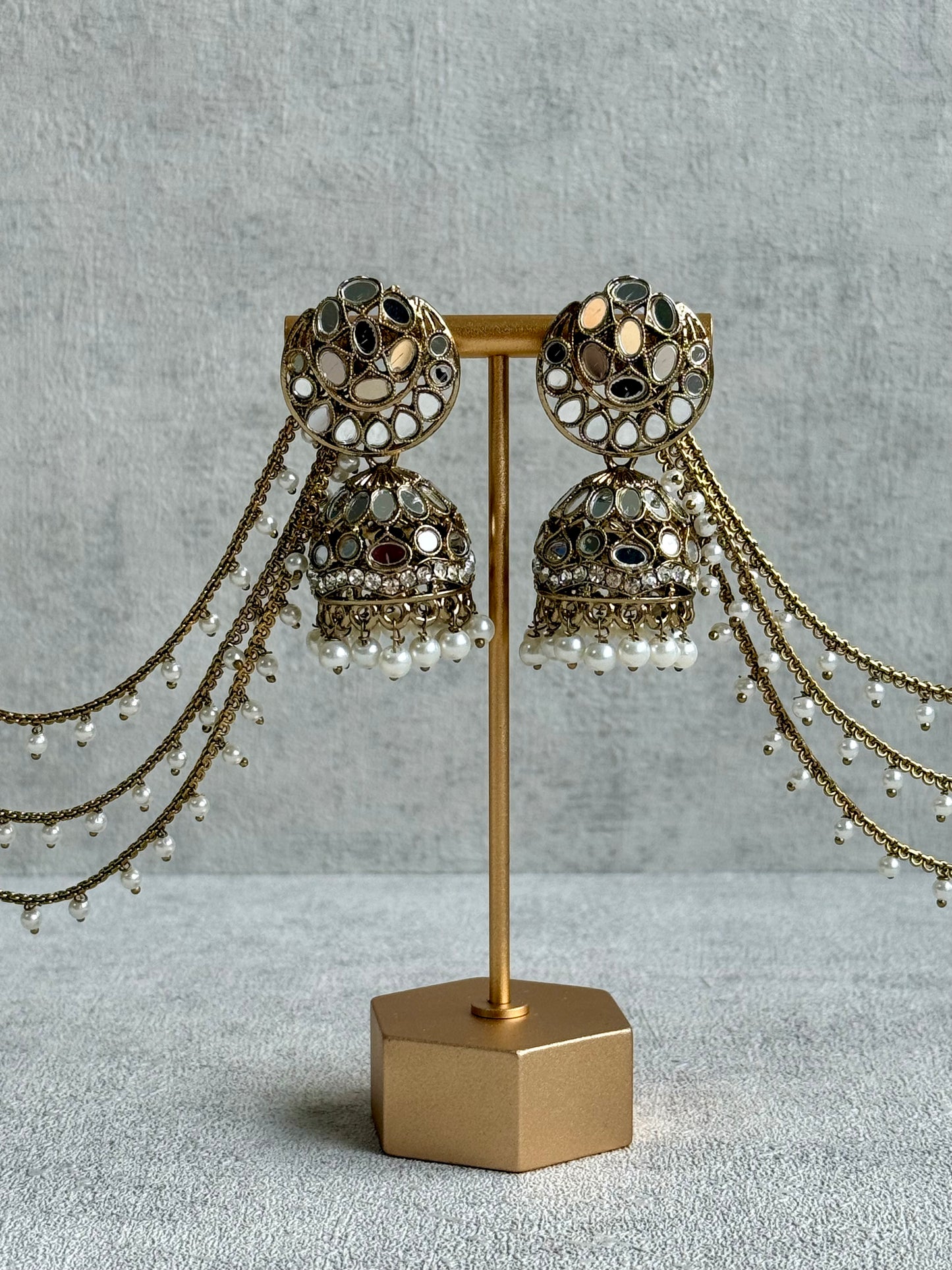 Ayura Designs Aaina Jhumkis – Antique Gold Mirror-Cut Dome Earrings with Detachable Pearl Sahare