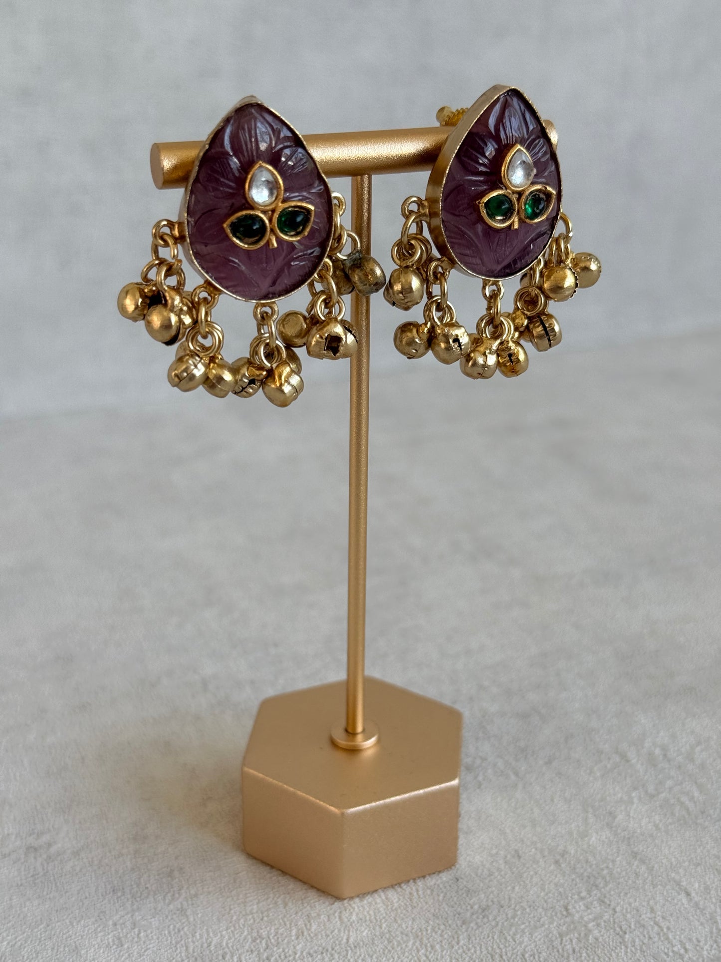 Ayura Designs Aykai Earrings – Plum Carved Teardrop Stud Earrings with Clear Kundan Stones and Gold Ghungroo Drops