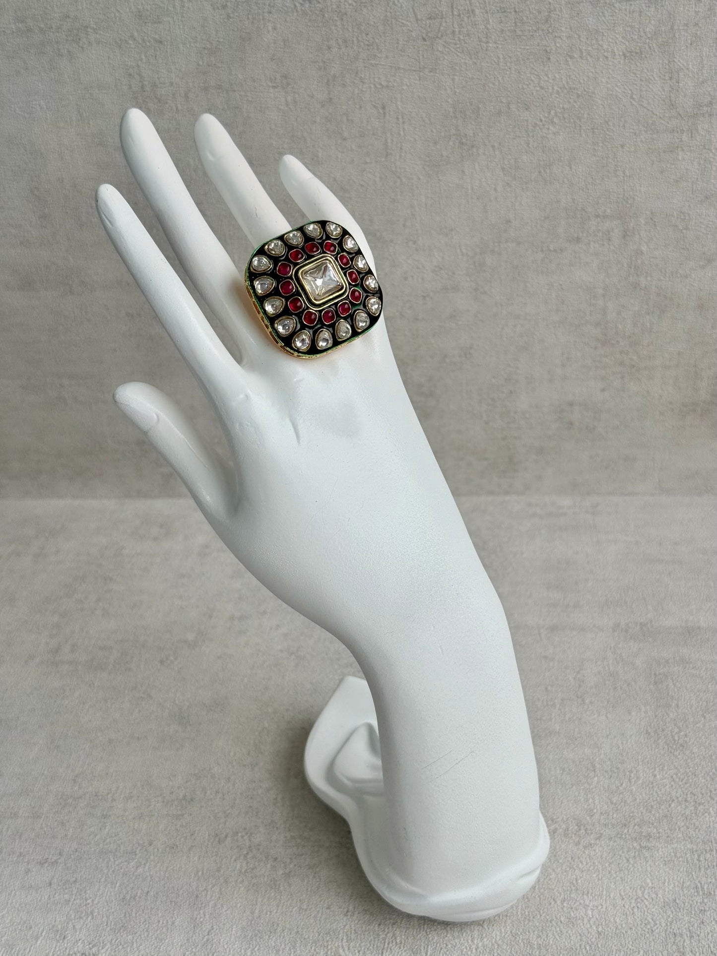 Ayura Designs Arzoo Adjustable Ring – Mirror-Cut Stone Centre with Ruby Pink Stones, Green Enamel & Crystal Detailing