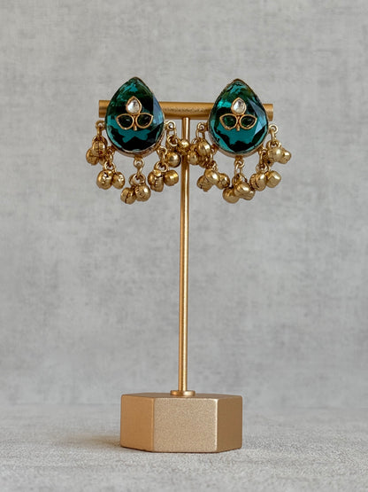 Ayura Designs Aykai Earrings – Teal Carved Teardrop Stud Earrings with Clear Kundan Stones and Gold Ghungroo Drops