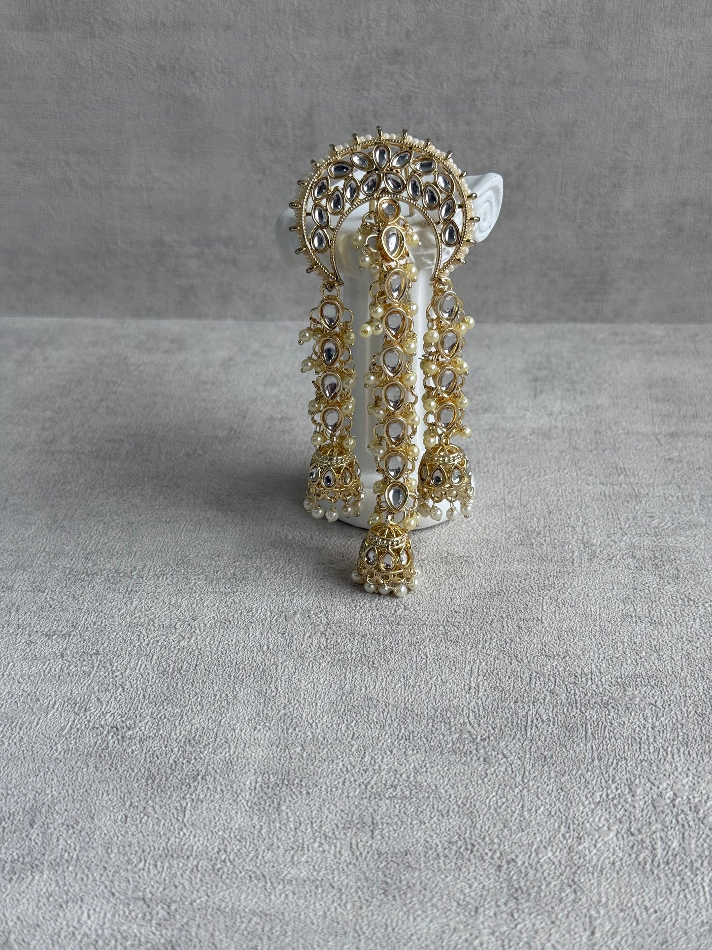 Ayura Designs Enjal Hair Brooch – Crescent Polki Design with Jhumki Tassels & Pearl Detailing