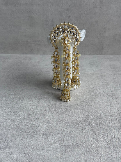 Ayura Designs Enjal Hair Brooch – Crescent Polki Design with Jhumki Tassels & Pearl Detailing