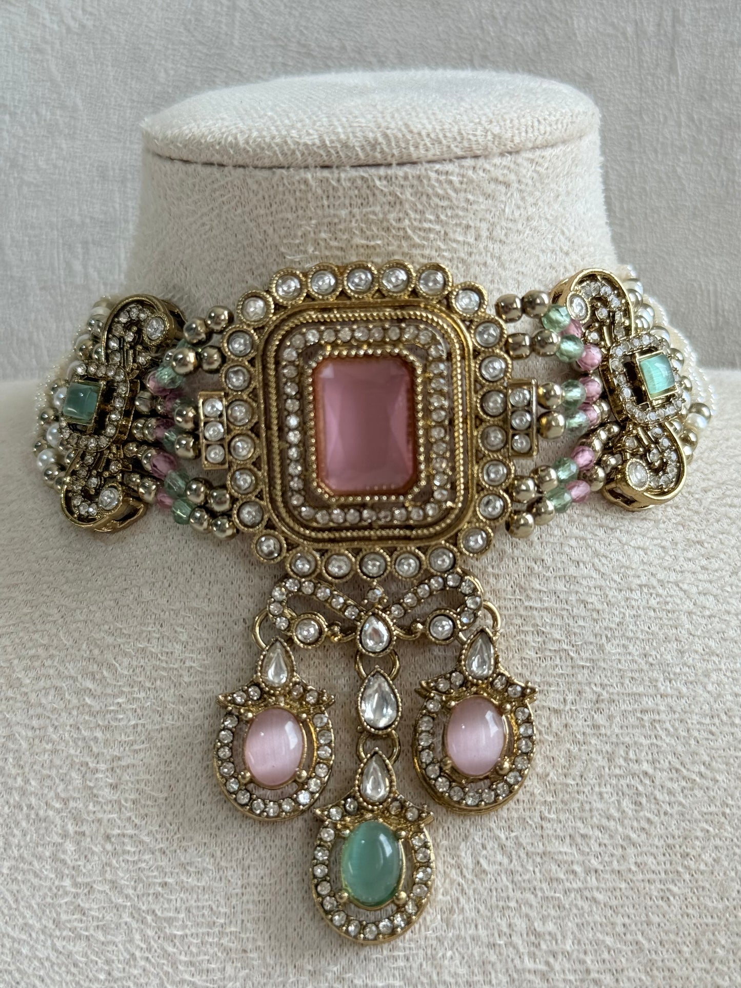 Ayura Designs Nabiha Choker Set with Studs – Blush Pink & Mint Green, Crystal Detailing & Gold Finish
