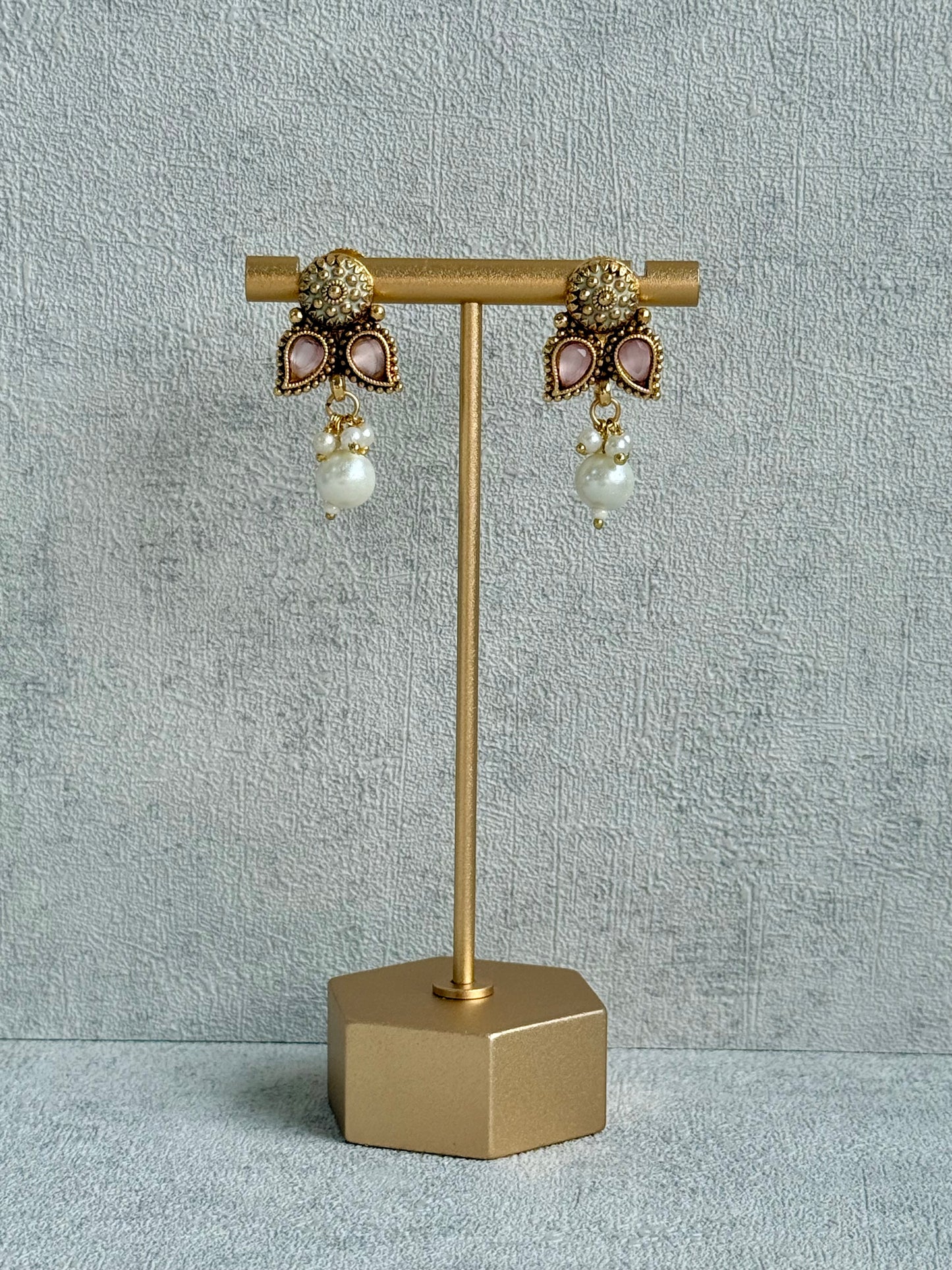 Ayura Designs Mayura Necklace Set with Earrings – Antique Gold Meenakari Motifs with Pearl Drop & Blush Pink and Mint Green Stones