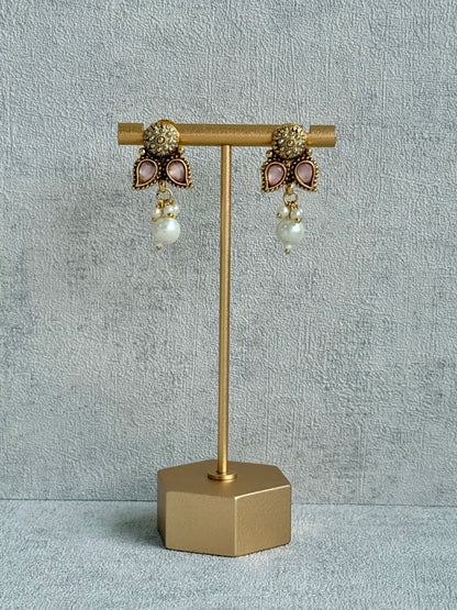 Ayura Designs Mayura Necklace Set with Earrings – Antique Gold Meenakari Motifs with Pearl Drop & Blush Pink and Mint Green Stones