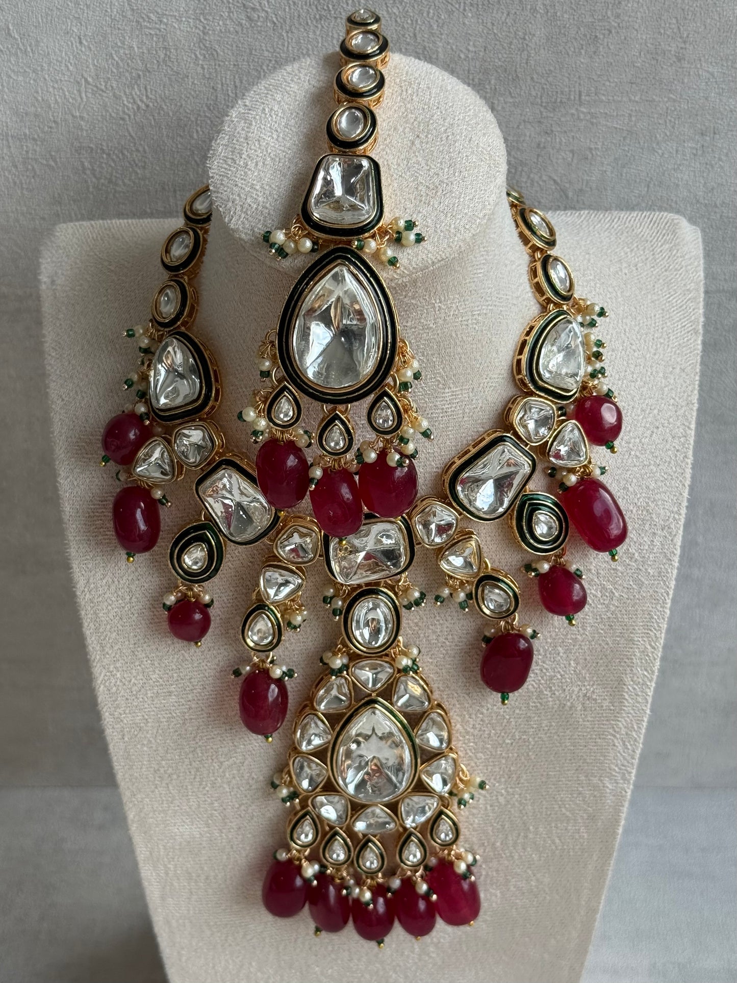 Ayura Designs Serhat Set – Necklace, Earrings & Tikka with Ruby Red Beads, Green Meenakari, Mirror-Cut Polki Stones & Gold Finish