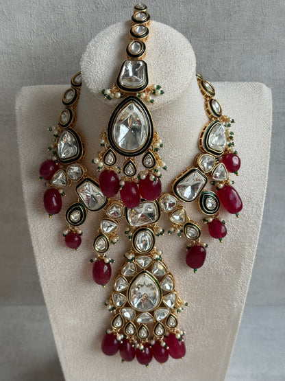 Ayura Designs Serhat Set – Necklace, Earrings & Tikka with Ruby Red Beads, Green Meenakari, Mirror-Cut Polki Stones & Gold Finish