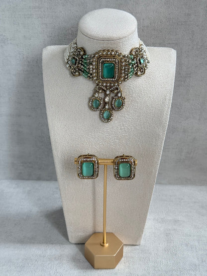 Ayura Designs Nabiha Choker Set with Studs – Aqua Green Stones, Pearl Detailing & Antique Gold Finish