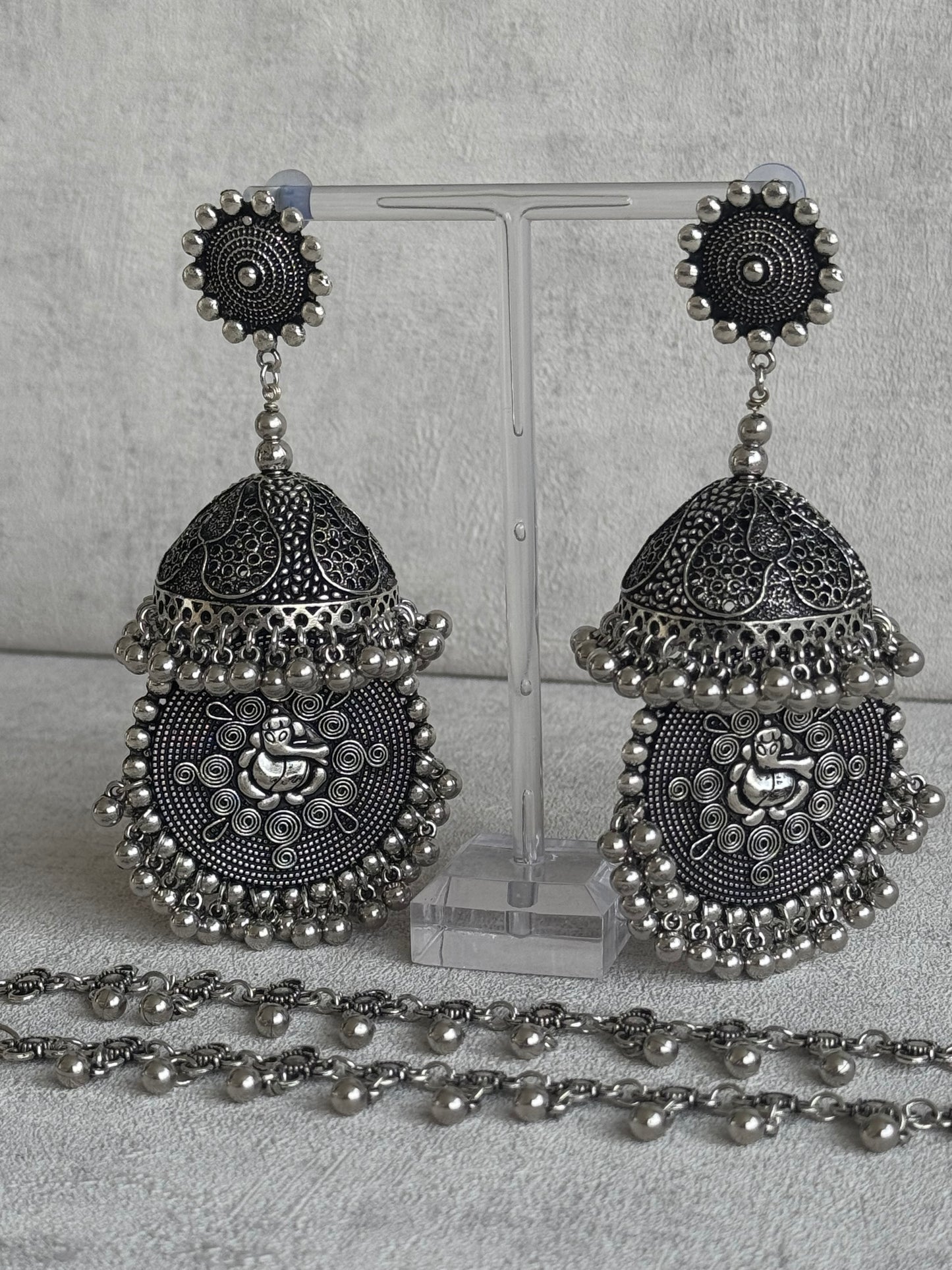 Ayura Designs Kashish Earrings – Oxidised Silver with Lord Ganesh Motif, Dome Jhumkas & Matching Sahare