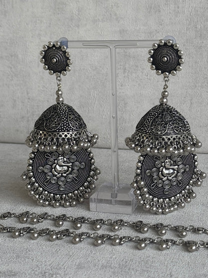 Ayura Designs Kashish Earrings – Oxidised Silver with Lord Ganesh Motif, Dome Jhumkas & Matching Sahare