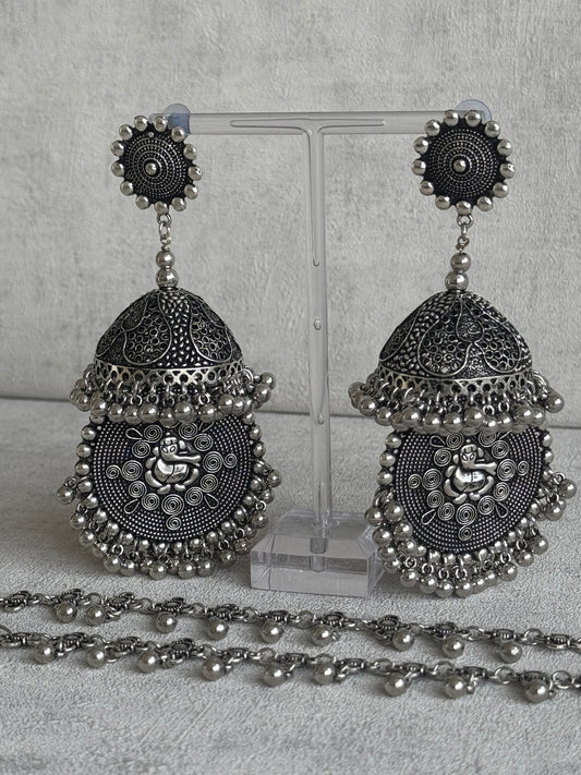 Ayura Designs Kashish Earrings – Oxidised Silver with Lord Ganesh Motif, Dome Jhumkas & Matching Sahare