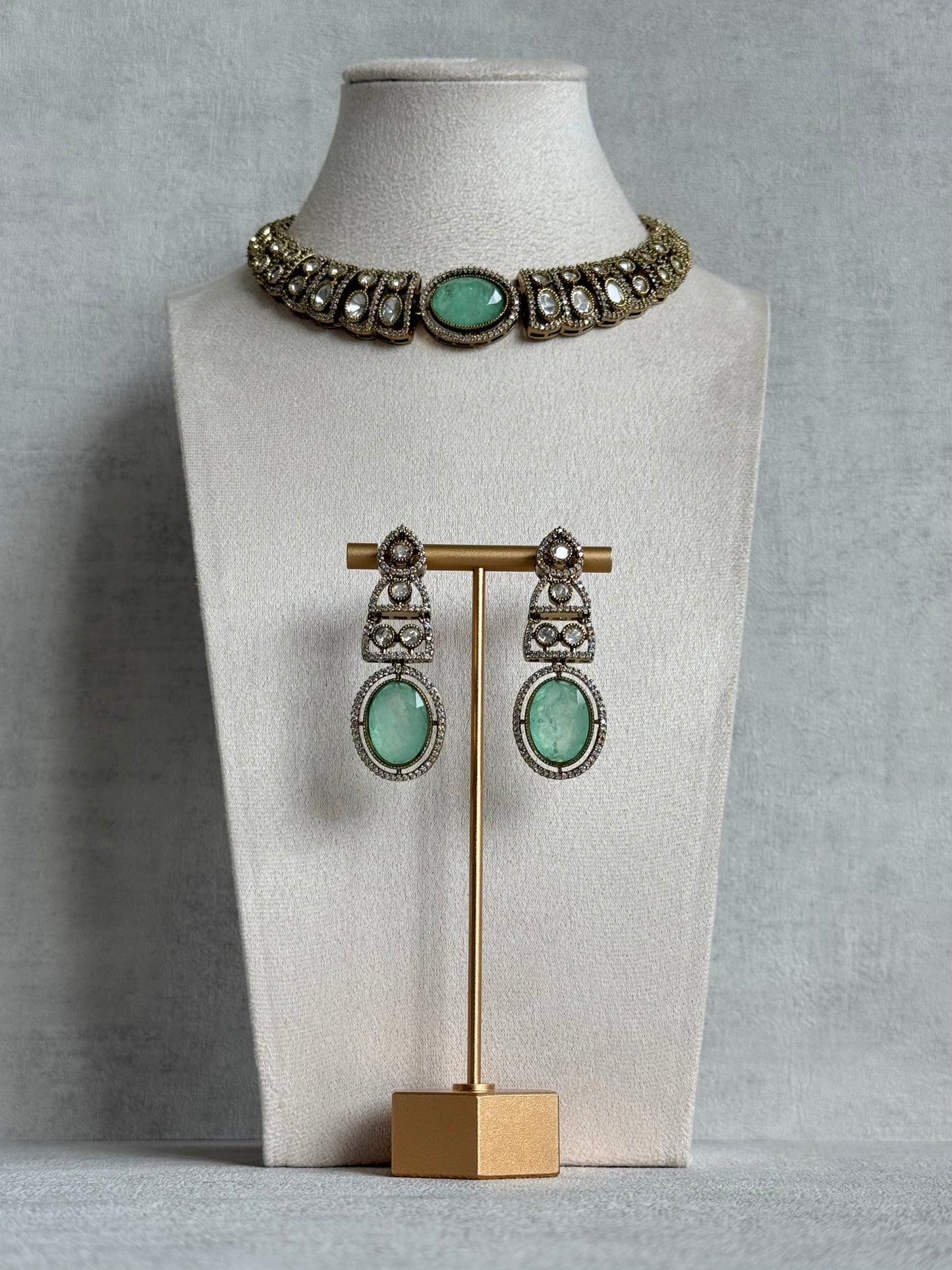 Ayura Designs Sadie Necklace Set with Earrings – Mint Green Centre Stone, Moissanite Style Stones & Crystal Halo Detailing