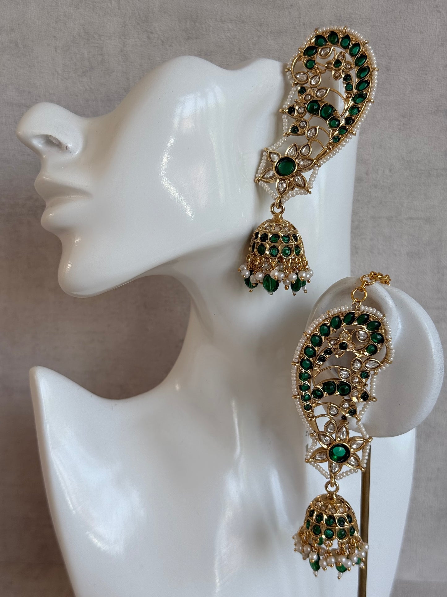 Ayura Designs Urisha Ear Climber Jhumkis – Emerald Green, Kundan & Pearl Detailing