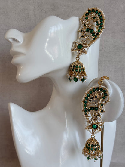 Ayura Designs Urisha Ear Climber Jhumkis – Emerald Green, Kundan & Pearl Detailing