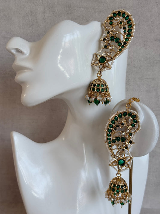Ayura Designs Urisha Ear Climber Jhumkis – Emerald Green, Kundan & Pearl Detailing