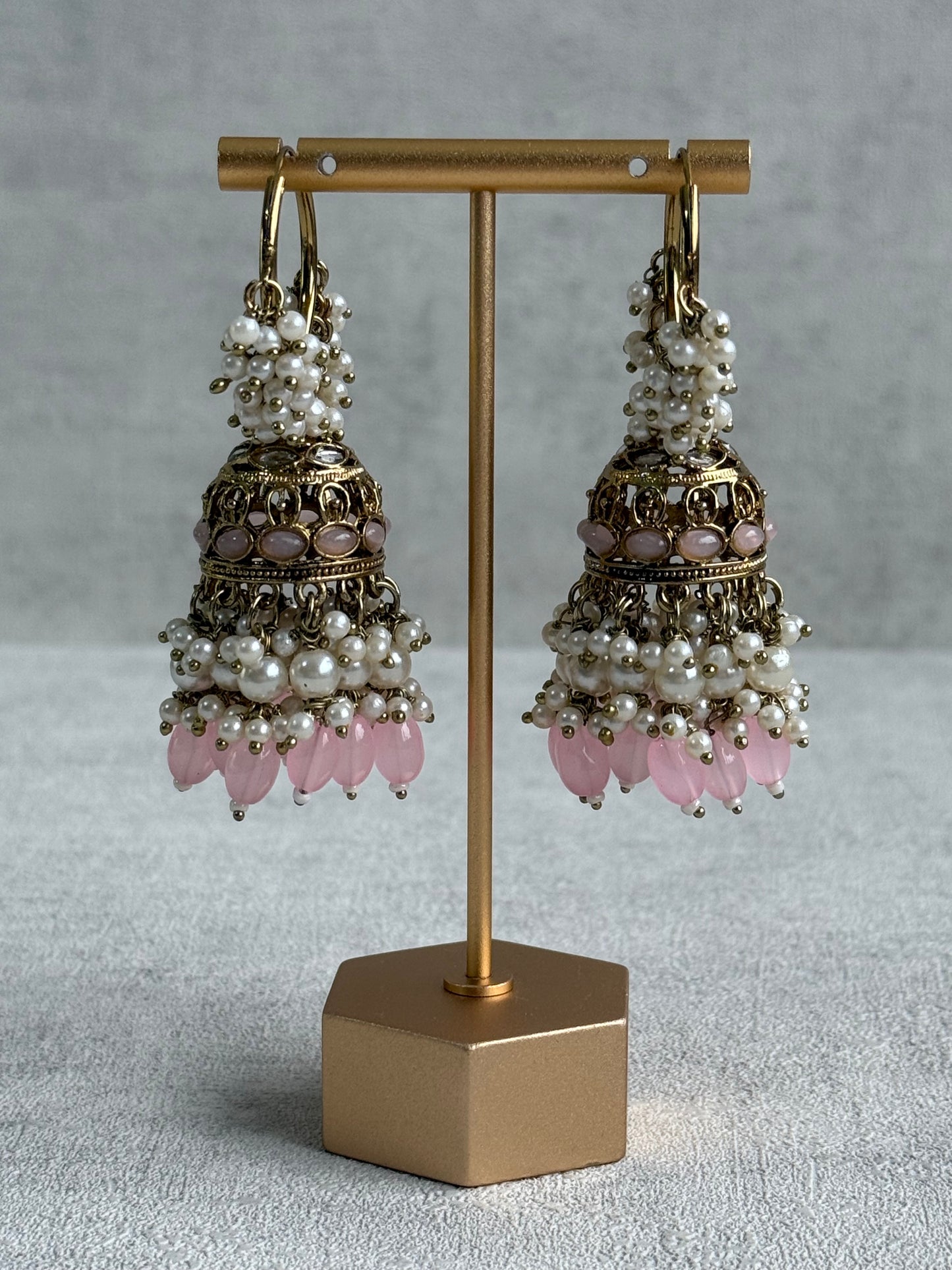 Ayura Designs Jugni Jhumkis – Antique Gold Balis with Blush Pink Beads & Pearl Clusters