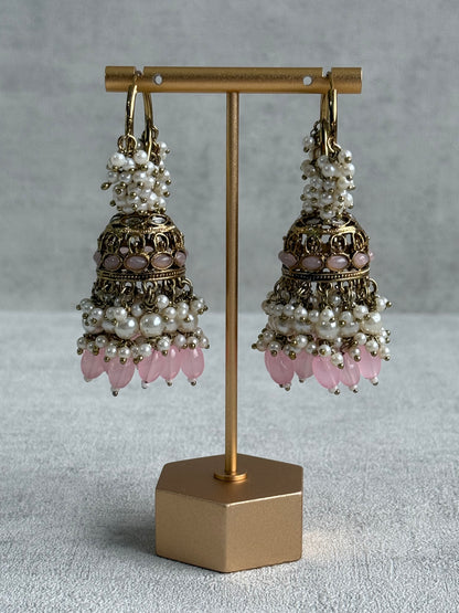Ayura Designs Jugni Jhumkis – Antique Gold Balis with Blush Pink Beads & Pearl Clusters