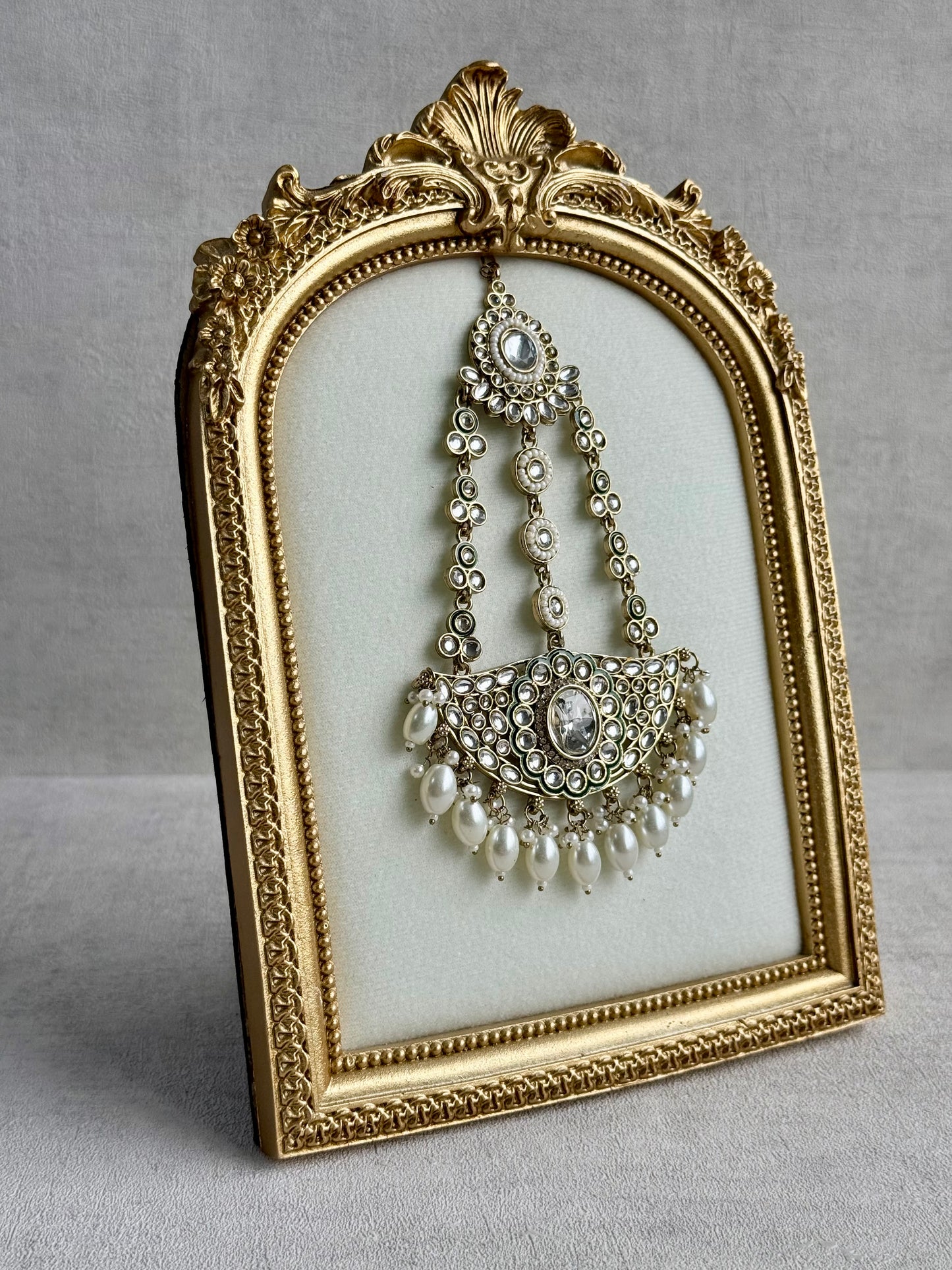 Ayura Designs Uma Jhoomar Passa – Kundan Jhoomar with Ivory Pearl Drops & Green Enamel Detailing
