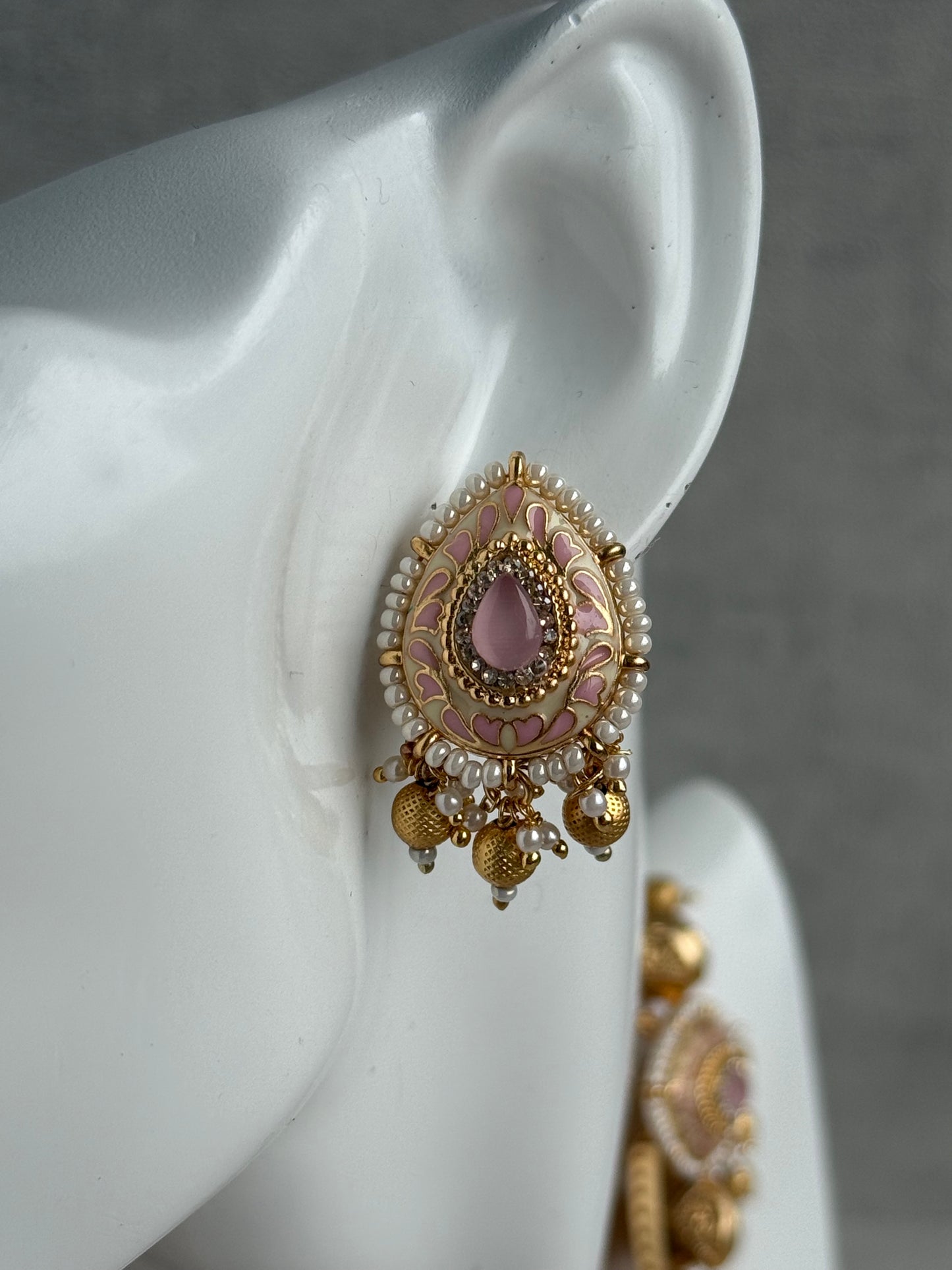 Ayura Designs Aaira Set with Necklace & Studs – Blush Pink Meenakari with Rose Pink Centre & Pearl Detailing