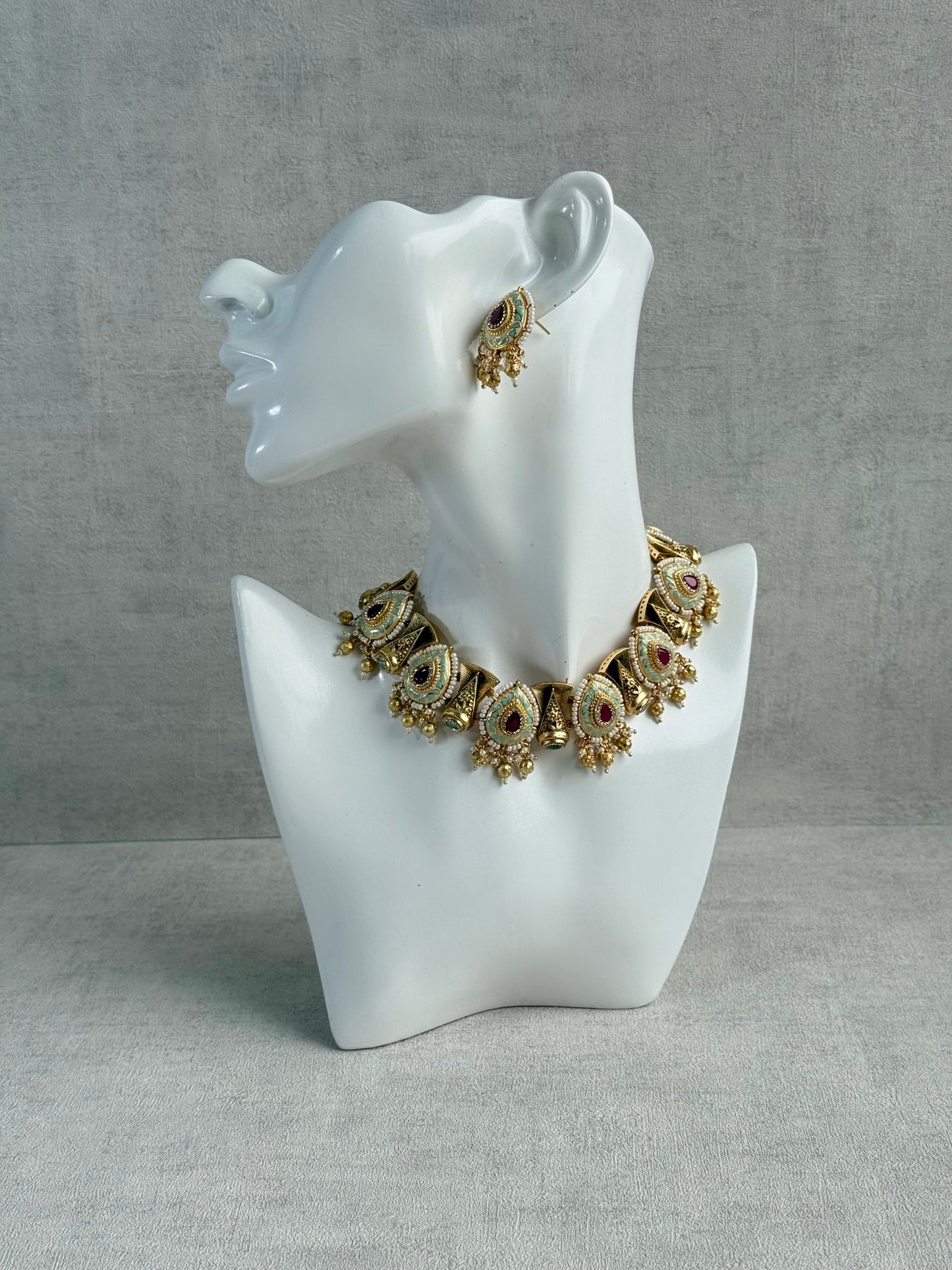 Ayura Designs Aaira Set with Necklace & Studs – Mint Green Meenakari with Rani Pink Centre & Pearl Detailing