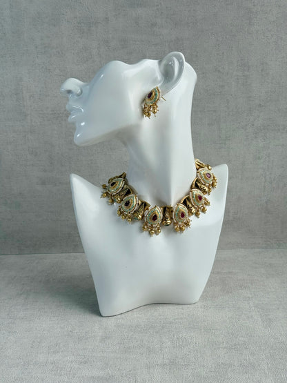 Ayura Designs Aaira Set with Necklace & Studs – Mint Green Meenakari with Rani Pink Centre & Pearl Detailing