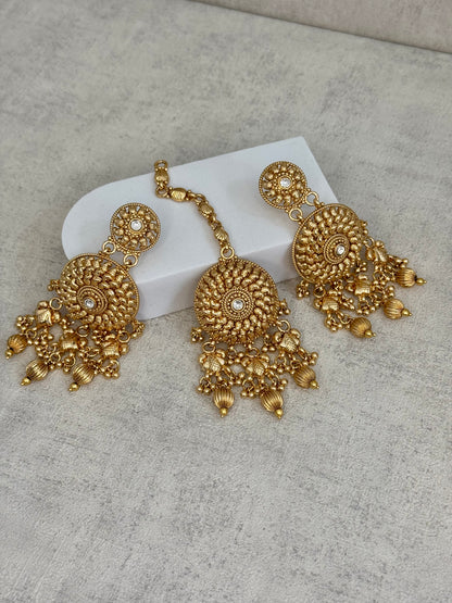 Ayura Designs Hoor Tikka & Earrings – Opulent Gold Adornment with Beads