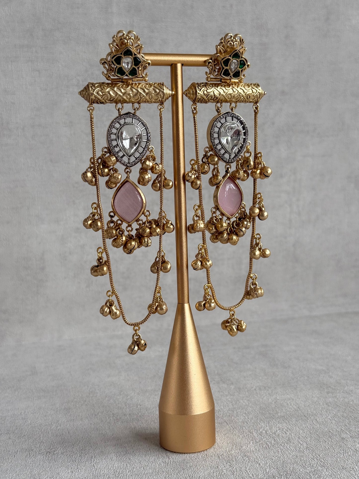 Ayura Designs Rouf Earrings – Kashmiri Earrings with Blush Pink Stone, Crystal Detailing & Ghungroo Accents