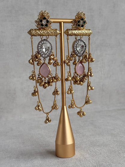 Ayura Designs Rouf Earrings – Kashmiri Earrings with Blush Pink Stone, Crystal Detailing & Ghungroo Accents