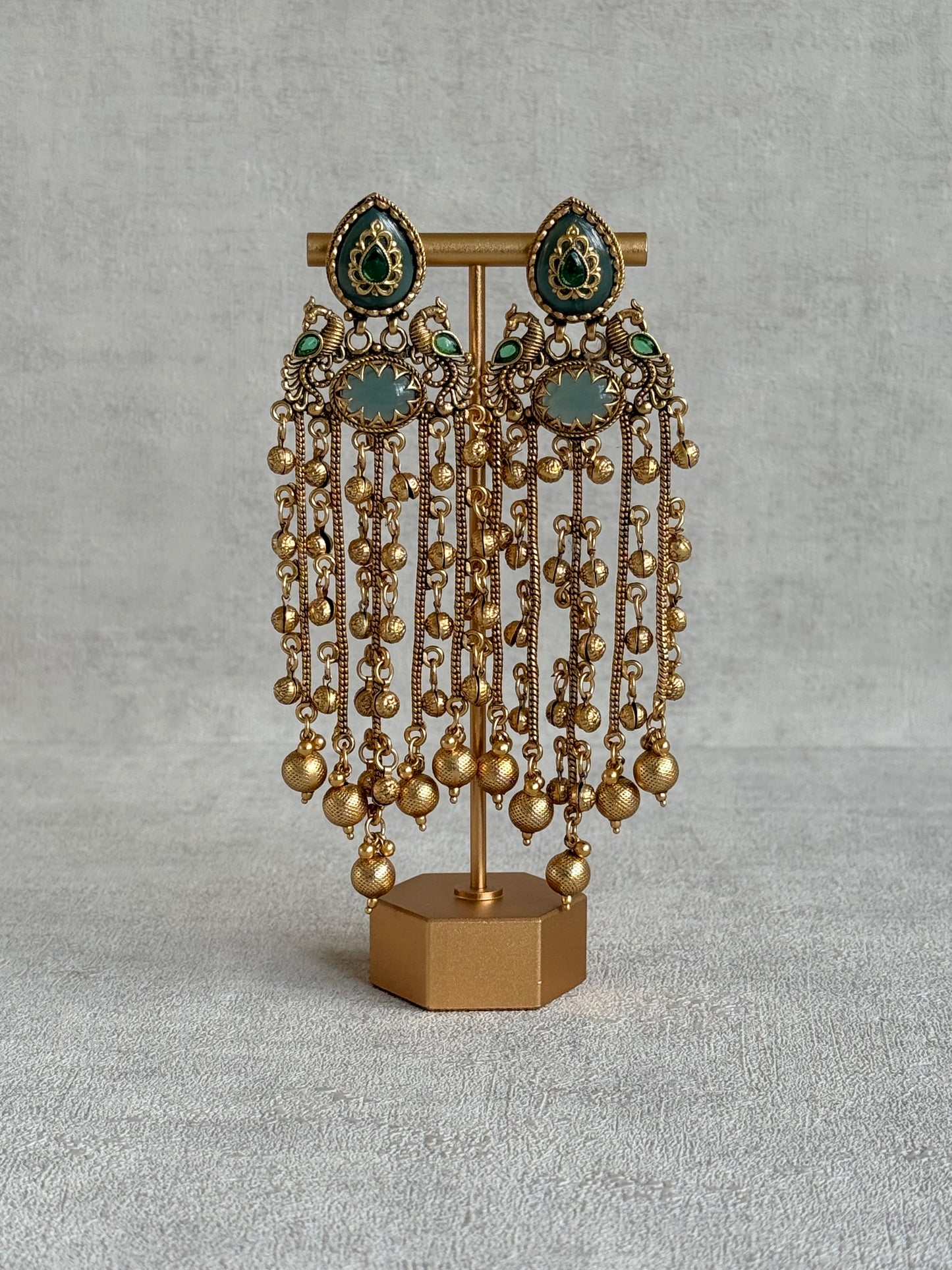 Ayura Designs Pakhi Earrings – Peacock Statement Earrings with Green Stones & Ghungroo Chain Tassels