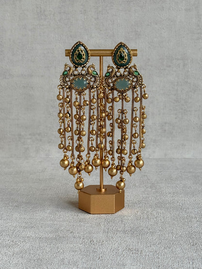 Ayura Designs Pakhi Earrings – Peacock Statement Earrings with Green Stones & Ghungroo Chain Tassels