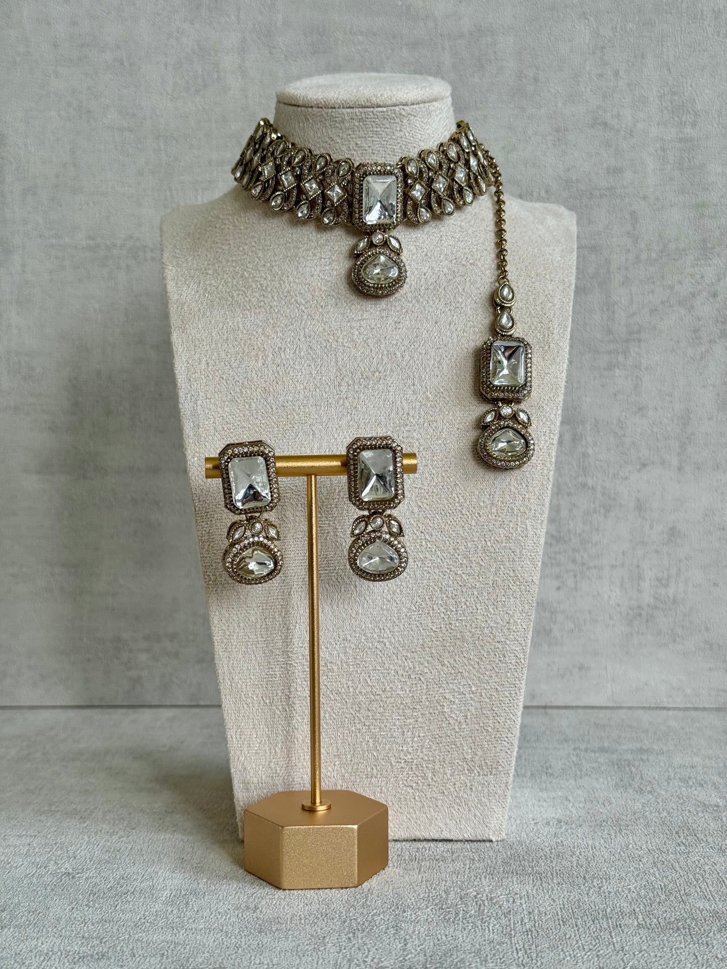 Ayura Designs Ella Choker Set with Tikka & Earrings – Antique Gold with Mirror-Cut Stones