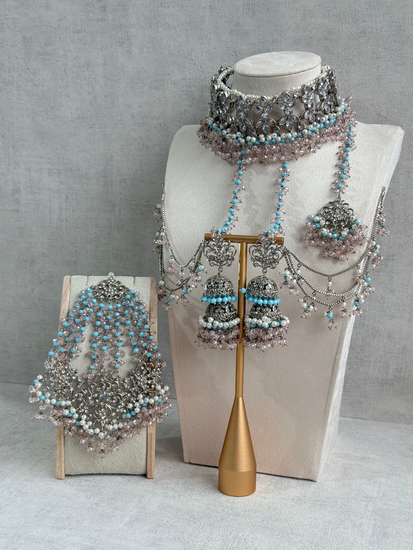 Ayura Designs Arasi Set with Choker, Passa, Tikka & Sahare Jhumkis – Antique Silver with Blush Pink Crystals, Aqua Blue Beads & Ivory Pearls