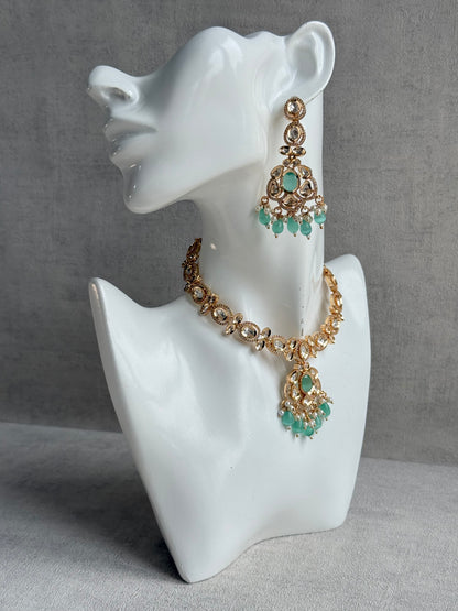 Ayura Designs Edina Necklace Set with Earrings – Kundan, Mint Green Stones & Pearl Detailing