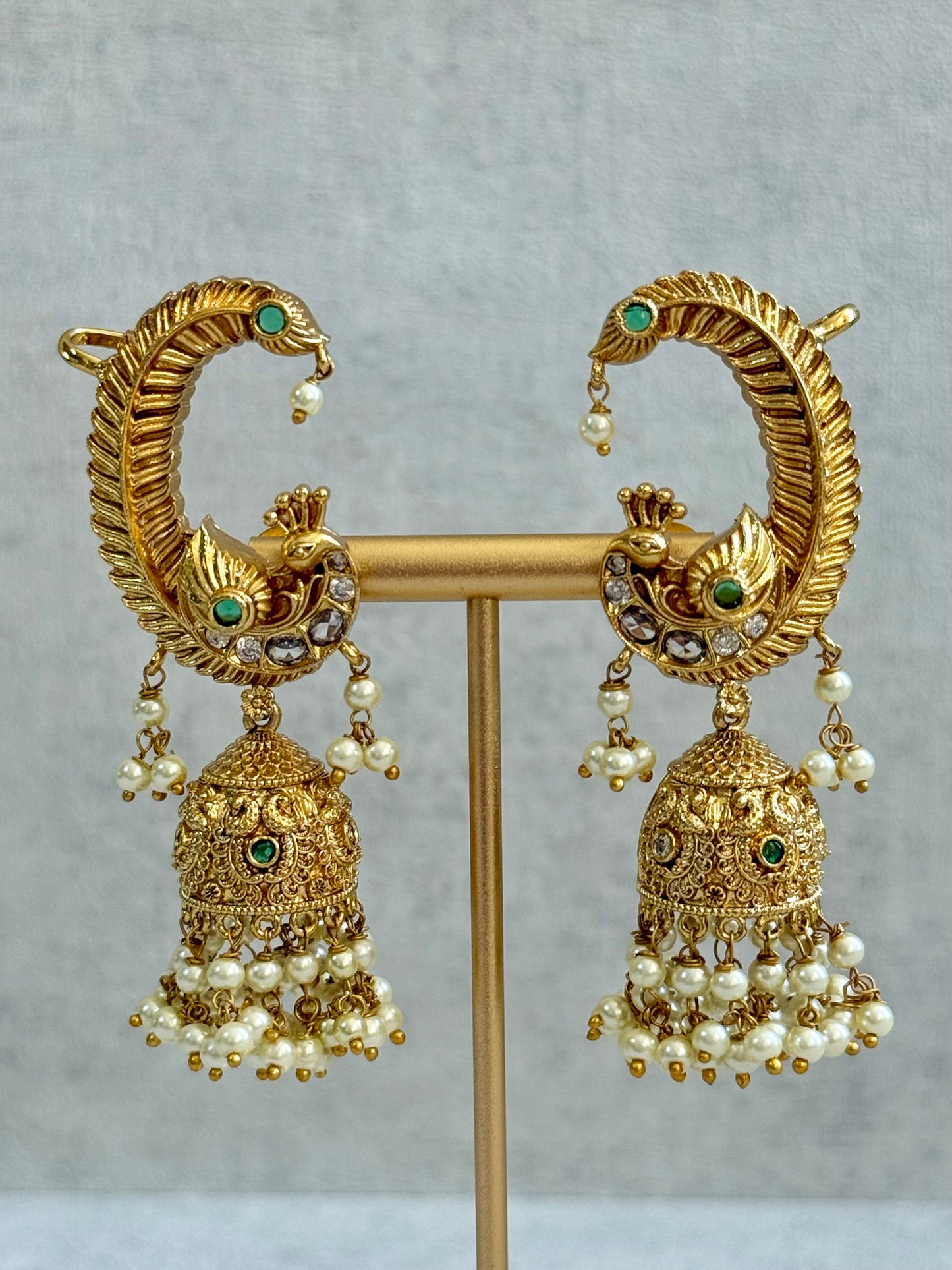 Ayura Designs Mythili Jhumkis – Half Ear Cuffs in Antique Gold with Peacock Design, Emerald Green Stones and Pearl Drops
