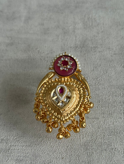 Ayura Designs Sorcha Adjustable Ring – Rose Pink Enamel, Pearl Detailing, Antique Gold & Mirror-Cut Stones