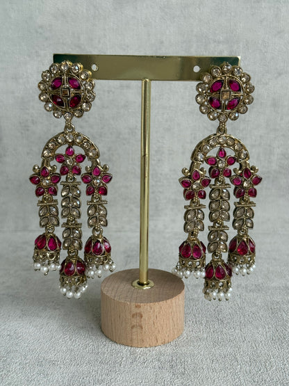 Ayura Designs Soraya Earrings – Fuchsia & Champagne Stones with Pearl Drops & Gold Finish