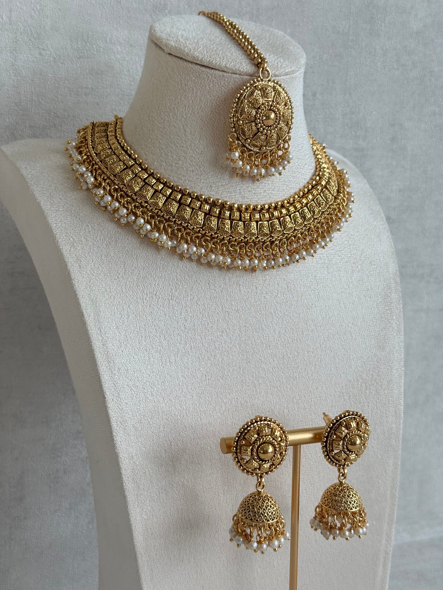 Ayura Designs Iksirat Necklace Set with Jhumkis & Tikka – Gold Heritage Design with Pearl Detailing