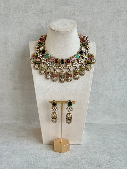 Ayura Designs Imara Set with Necklace & Jhumkis – Multicolour Stones with Kundan Detailing & Crystal Drop