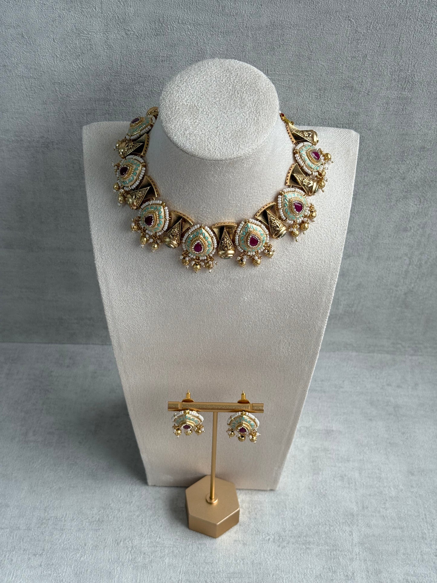 Ayura Designs Aaira Set with Necklace & Studs – Mint Green Meenakari with Rani Pink Centre & Pearl Detailing