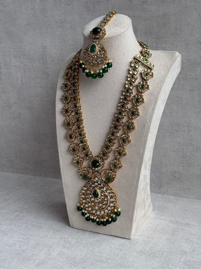 Ayura Designs Javeria Set with Earrings & Tikka – Emerald Green Stones, Mirror Kundan & Gold Finish