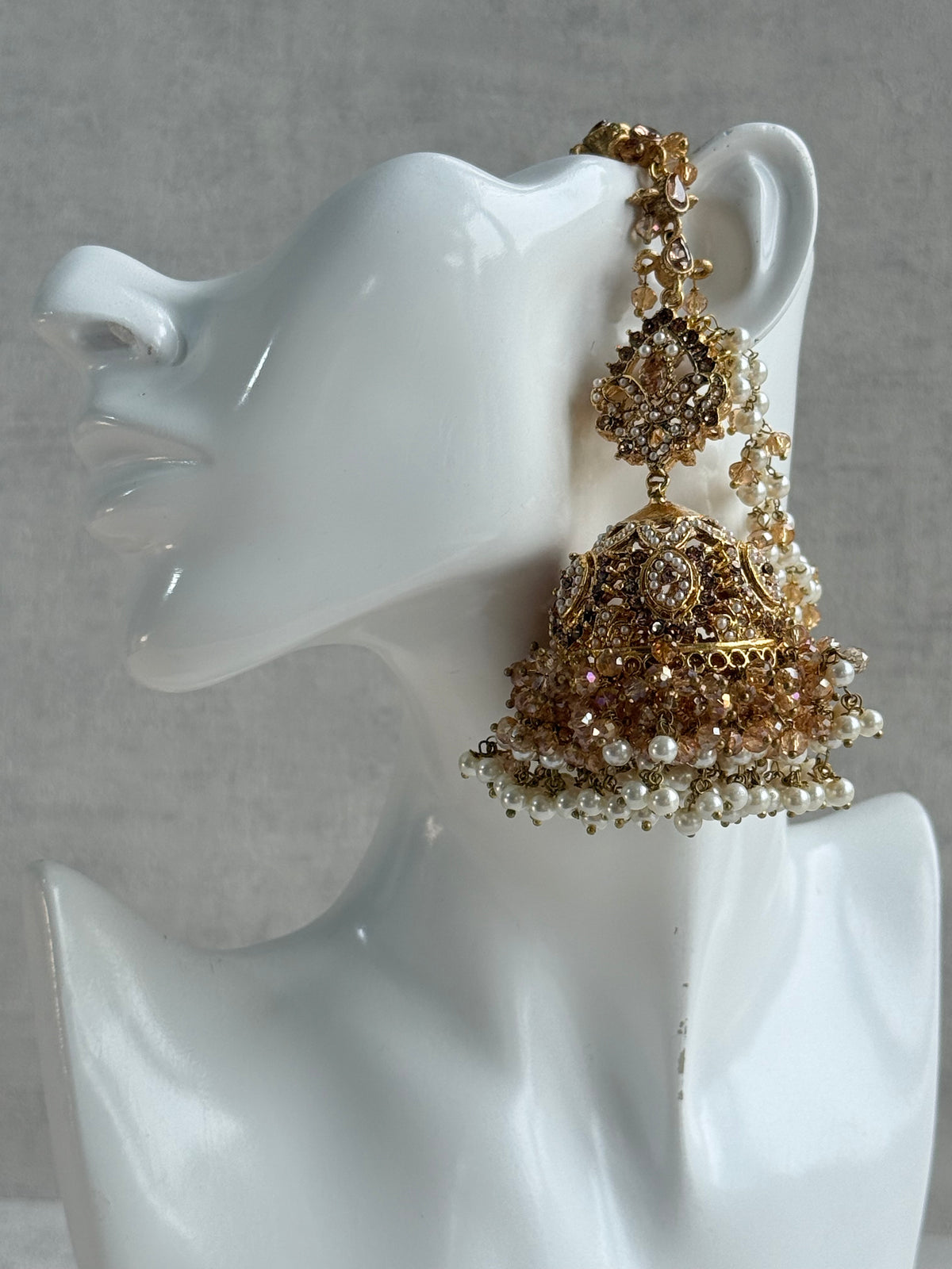 Ayura Designs Safia Tikka Set with Sahare Earrings – Champagne Gold Beads & Pearls