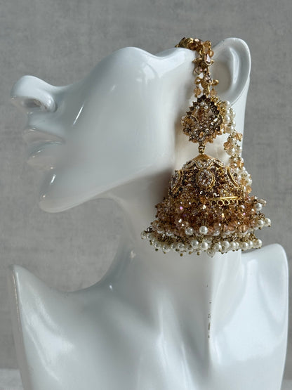 Ayura Designs Safia Tikka Set with Sahare Earrings – Champagne Gold Beads & Pearls