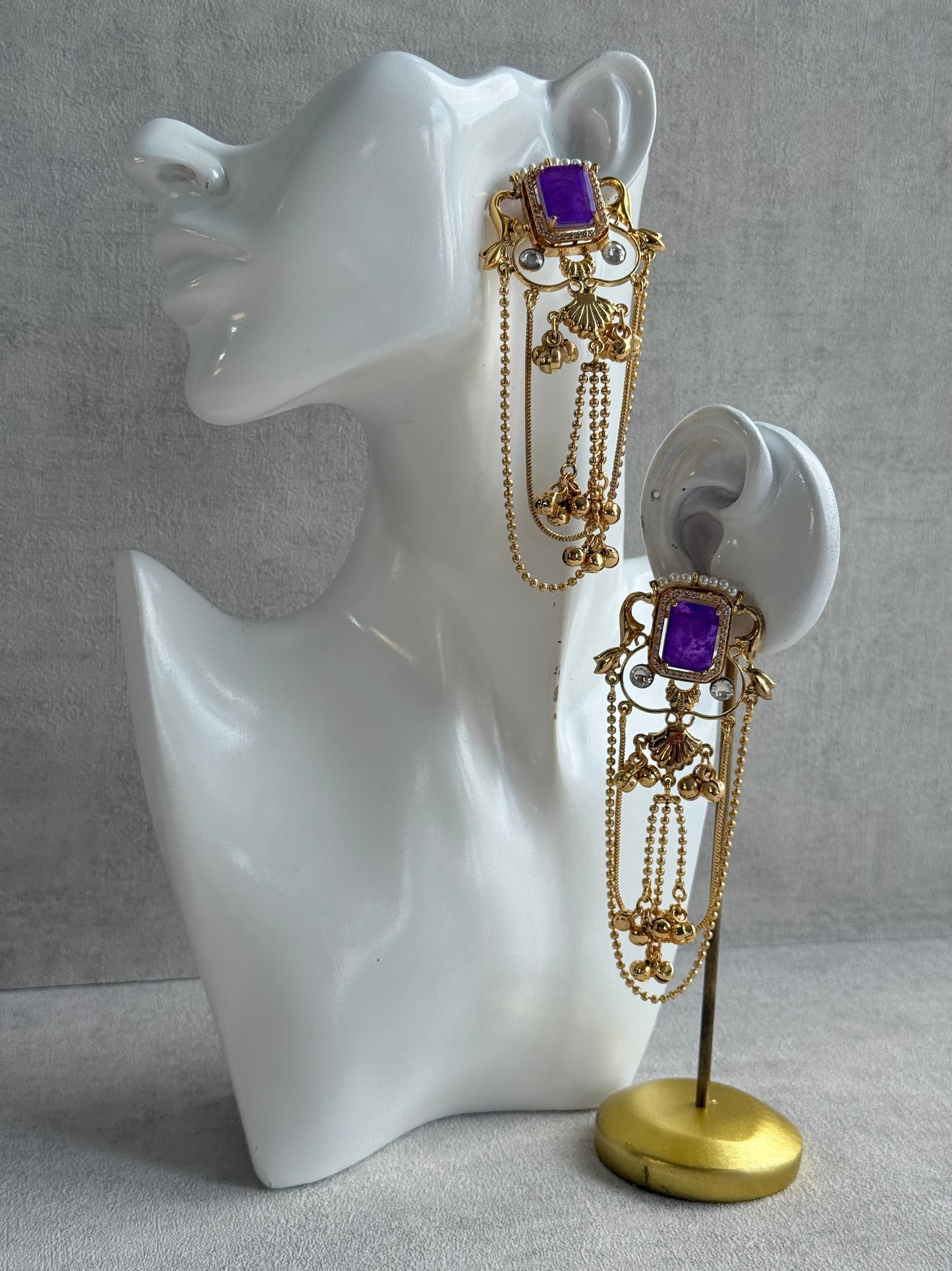 Ayura Designs Jaid Earrings – Royal Purple Floral Motif with Layered Chains & Ghungroos