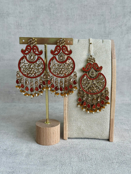 Ayura Designs Anvi Tikka Set with Earrings – Orange with Champagne Stones & Pearl Drops