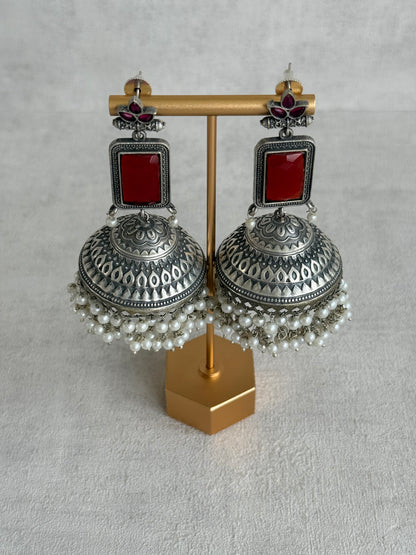 Ayura Designs Zeba Earrings – Oxidised Statement Jhumkis in Ruby Red & Pink Stones with Pearl Detailing