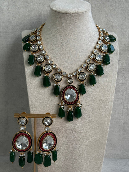 Ayura Designs Emaanat Set with Necklace & Earrings – Ruby & Emerald Accents, Polki Kundan & Antique Gold Finish