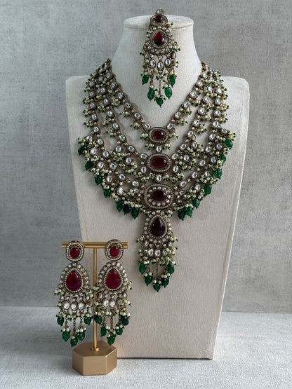 Ayura Designs Sahra Bridal Set with Earrings & Tikka – Ruby Red, Emerald Green, Kundan Stones & Pearls in Antique Gold Finish