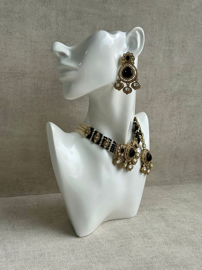 Ayura Designs Rahi Necklace Set with Earrings & Tikka – Black Stones with Mirror-Cut Detailing & Pearl Strands