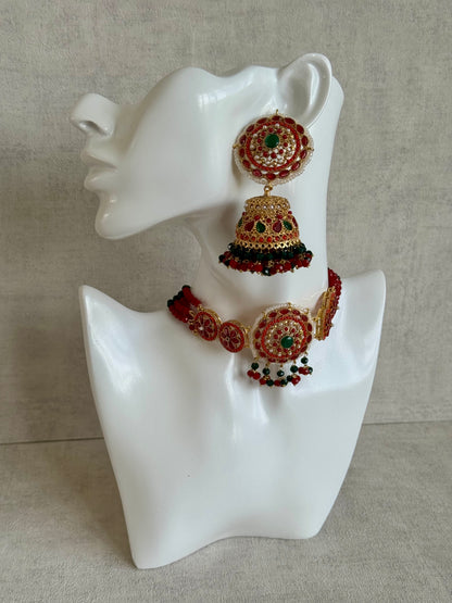 Ayura Designs Lubna Choker Set with Jhumkis & Ring – Ruby Red, Emerald Green & Pearl Detailing in Antique Gold Finish
